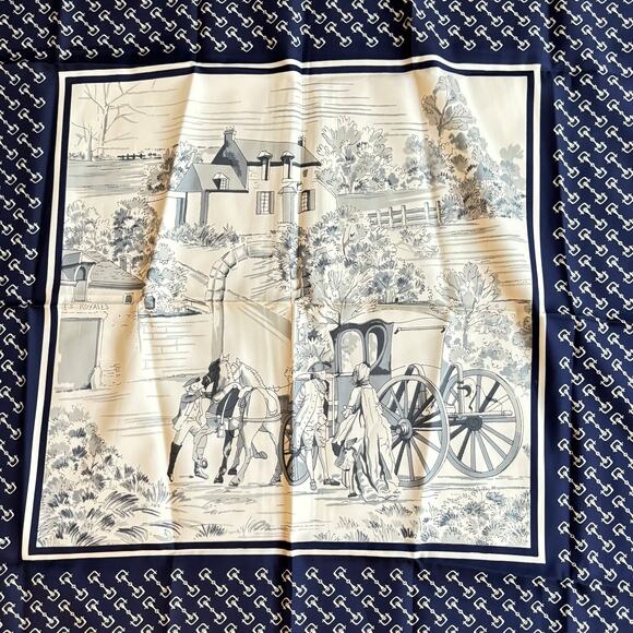 Gini Renoir silky scarf square navy blue gold buckles chain classic vintage - Picture 3 of 9